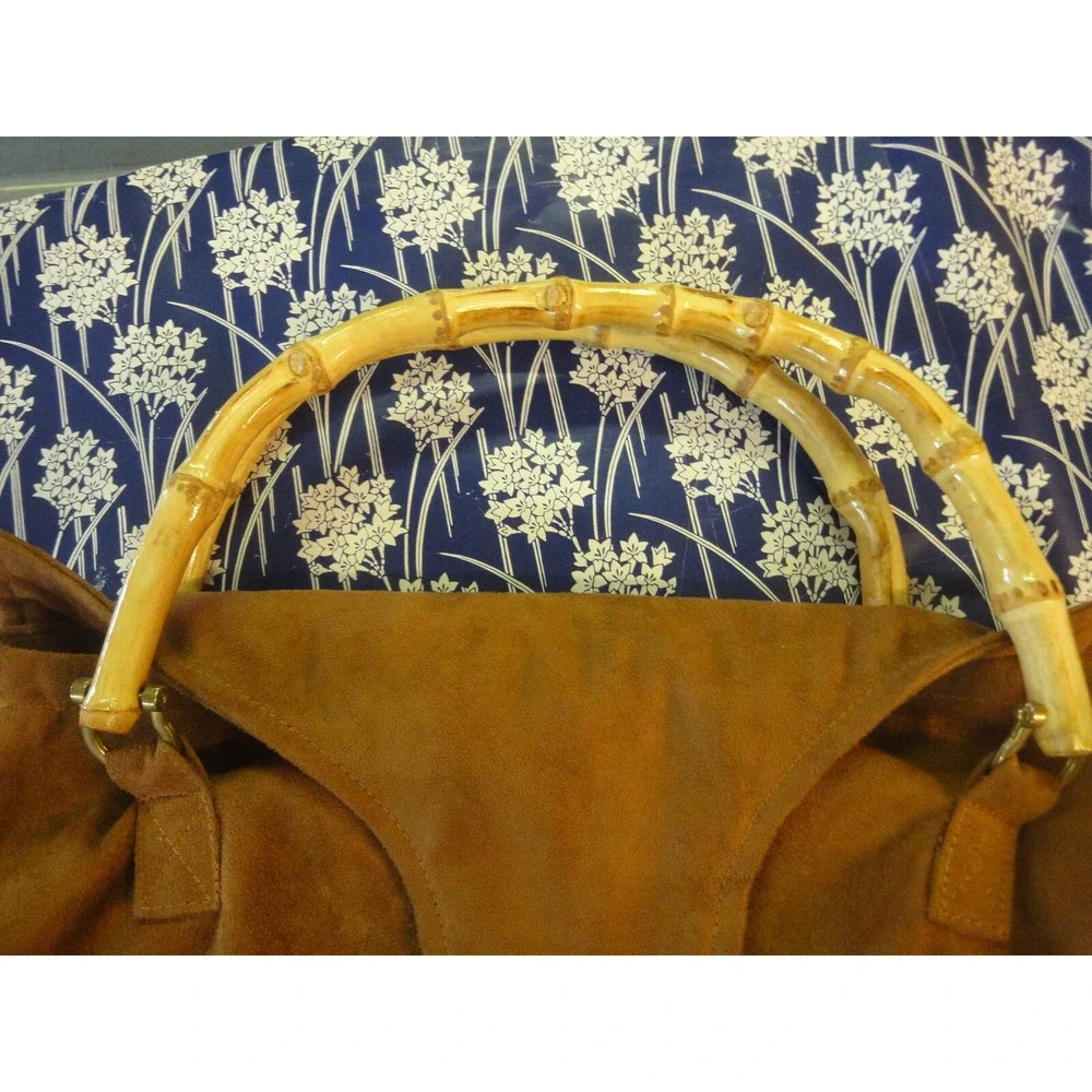 saks fifth avenue brown suede wood handle flower‎ button accent purse handbag